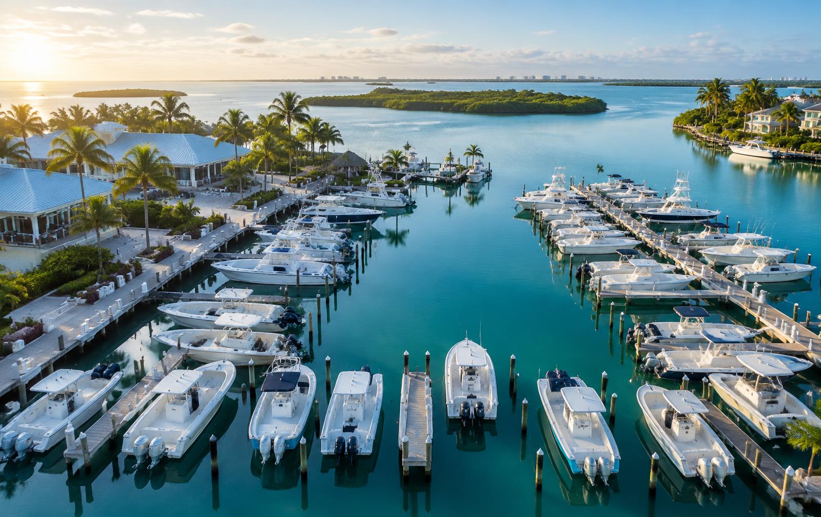 Aerial view of a Florida marina with center console boats in their slips