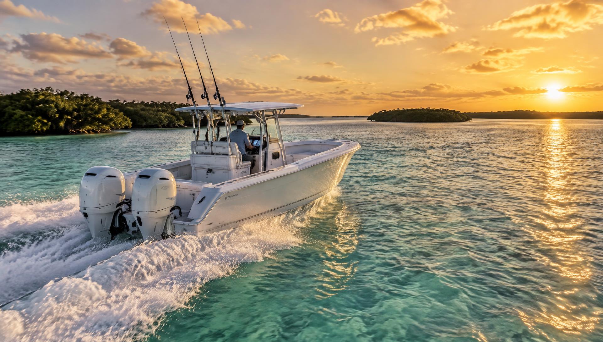 Center console fishing boat with twin outboards running across clear Florida flats at sunset